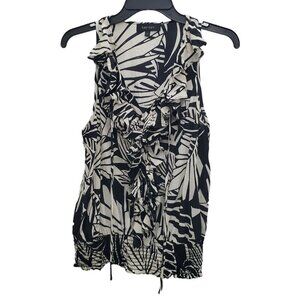 Karen Kane Women's Off White Black Tropical Print Silk‎ Ruffle Neck SL Top Sz L